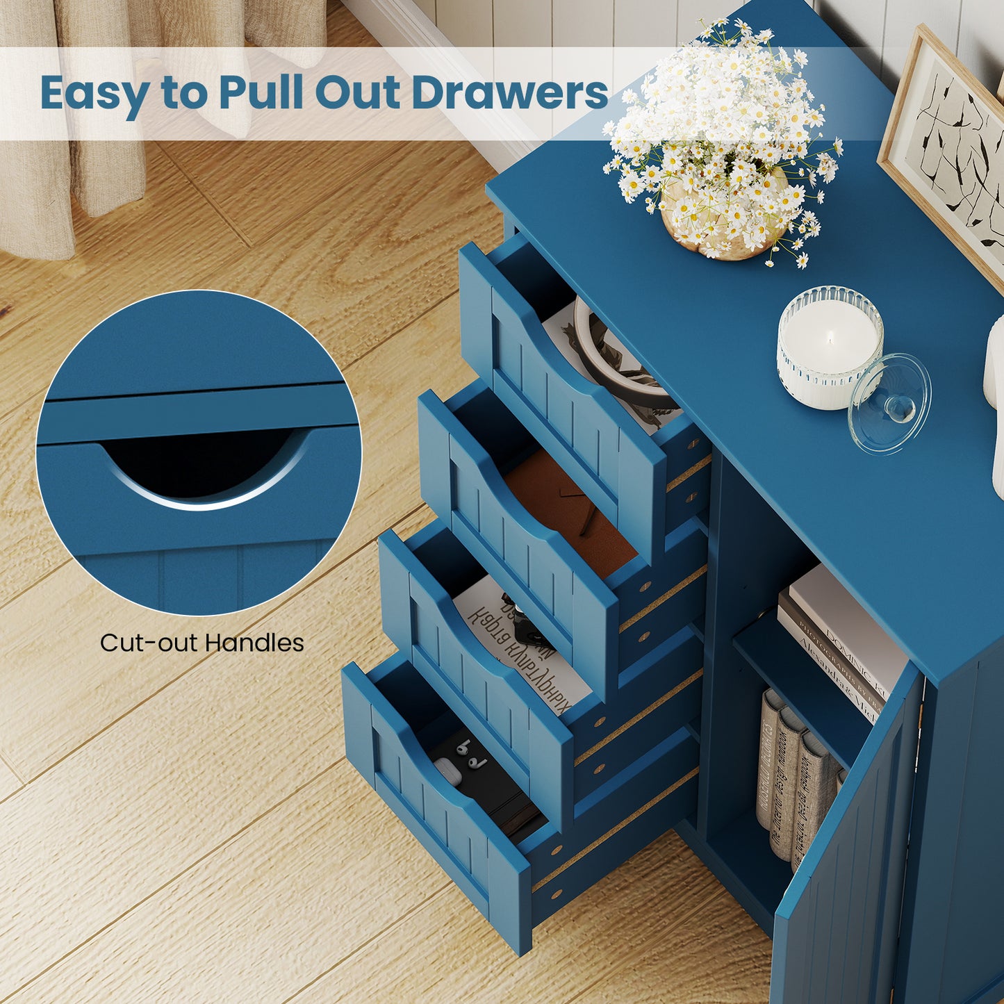 Free-Standing Wooden Cabinet with 4 Drawers and Door Cabinet, Blue