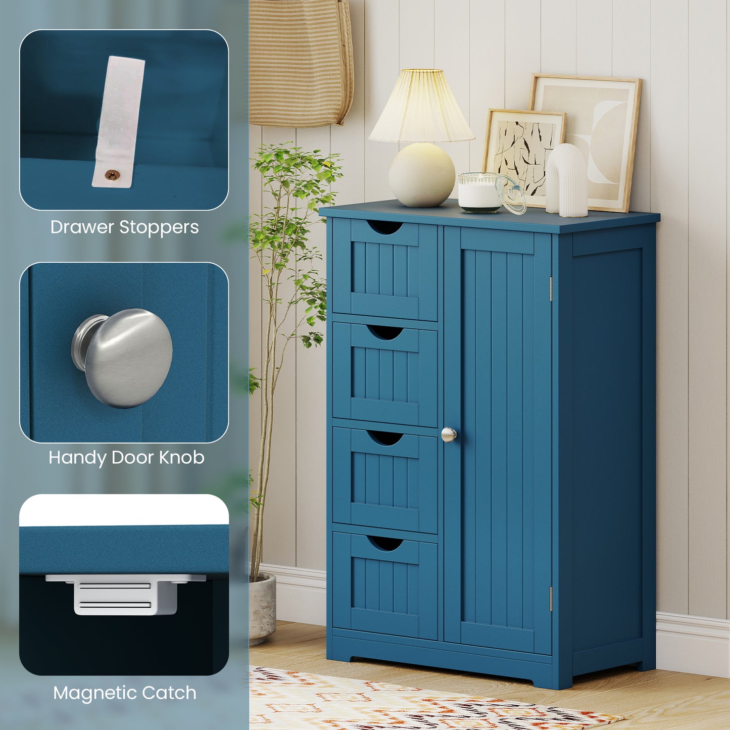 Free-Standing Wooden Cabinet with 4 Drawers and Door Cabinet, Blue