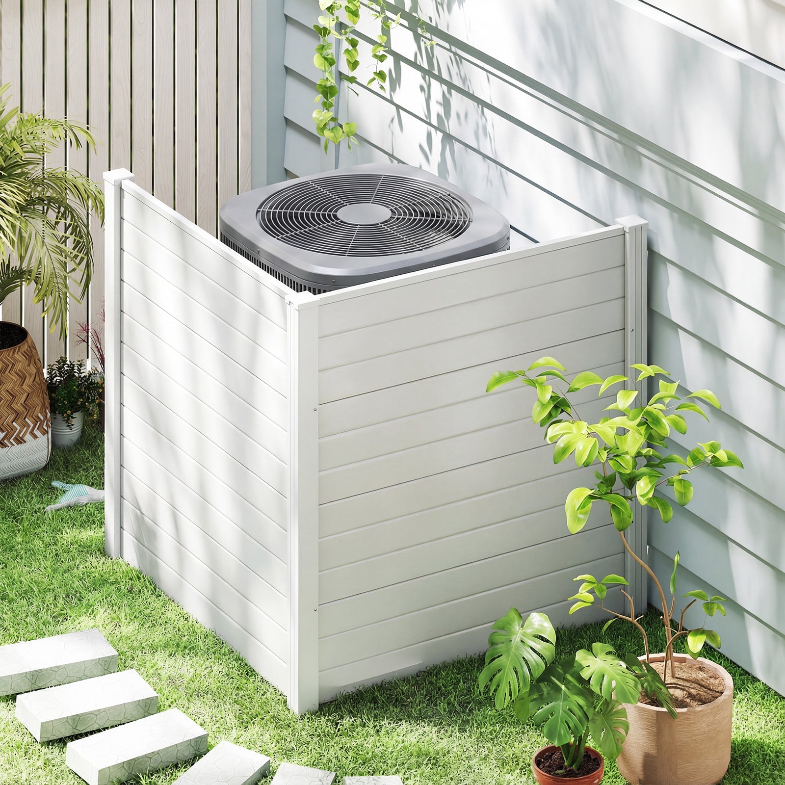 48 x 48 Inch Freestanding Air Conditioner Fence, Metal Ground Stakes, White Decorative Fencing & Flooring at Gallery Canada