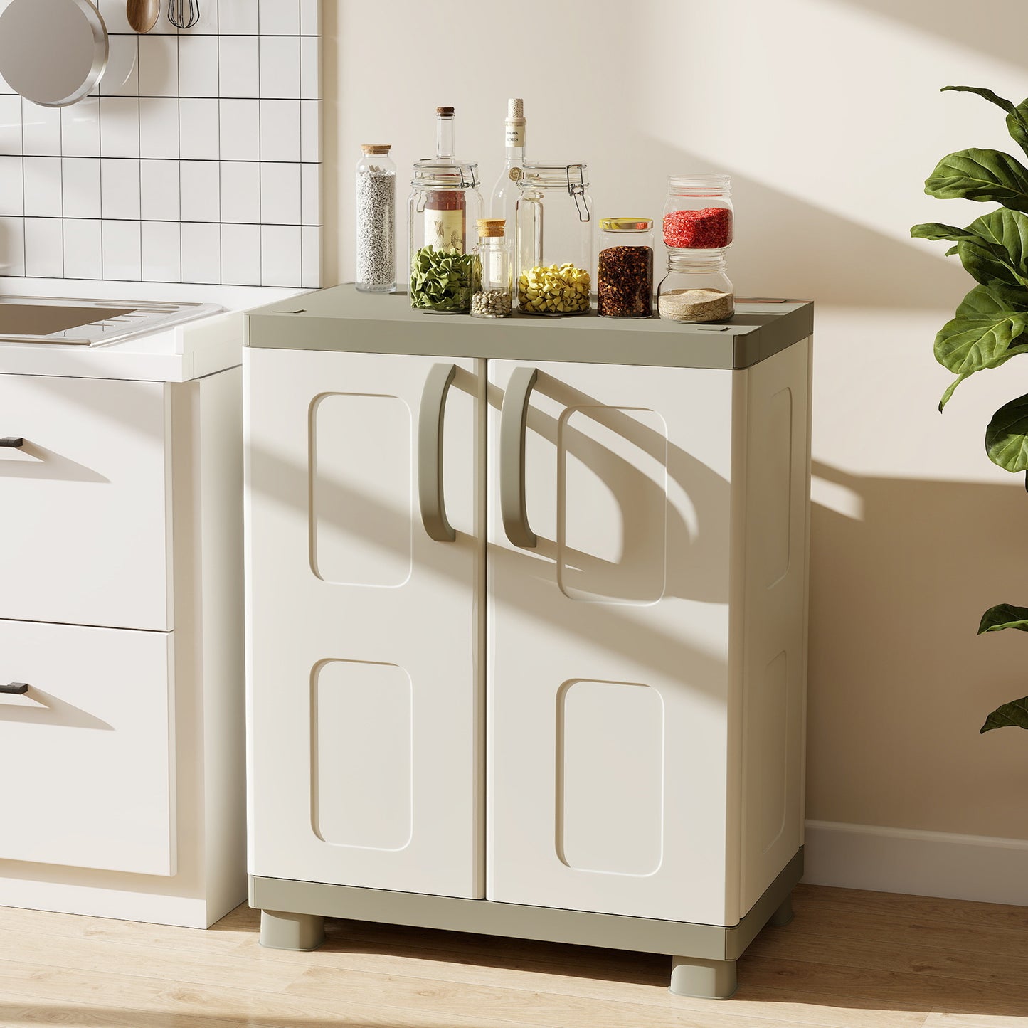Freestanding Buffet Cabinet, 2 Doors, Adjustable Shelves, Kitchen Garage, Beige Sideboards Cabinets & Buffets at Gallery Canada