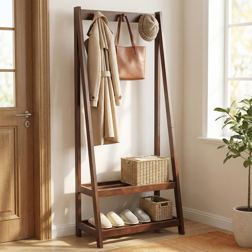 Freestanding Clothes Rack with 3 Hooks and 2 Shelves, Walnut