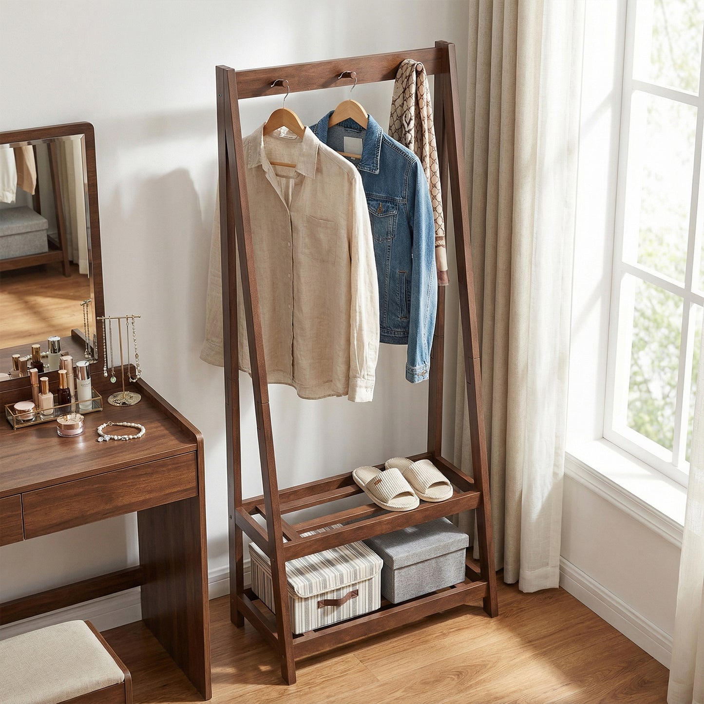Freestanding Clothes Rack with 3 Hooks and 2 Shelves, Walnut