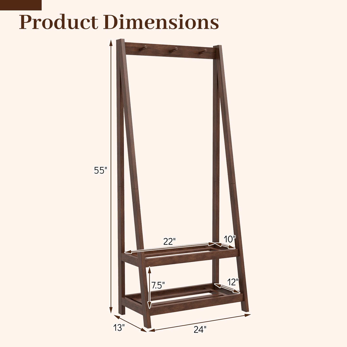 Freestanding Clothes Rack with 3 Hooks and 2 Shelves, Walnut