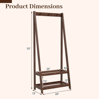 Freestanding Clothes Rack with 3 Hooks and 2 Shelves, Walnut