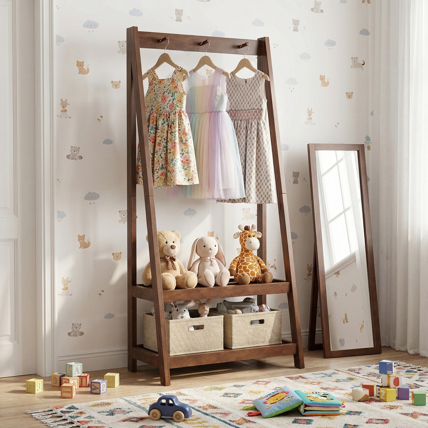 Freestanding Clothes Rack with 3 Hooks and 2 Shelves, Walnut