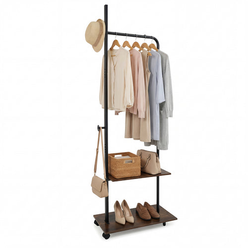 Freestanding Clothing Rack With Wheels, Storage Shelves, Brown