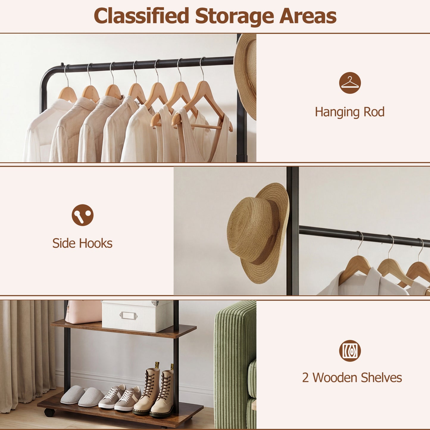 Freestanding Clothing Rack With Wheels, Storage Shelves, Brown Clothing & Closet Storage at Gallery Canada