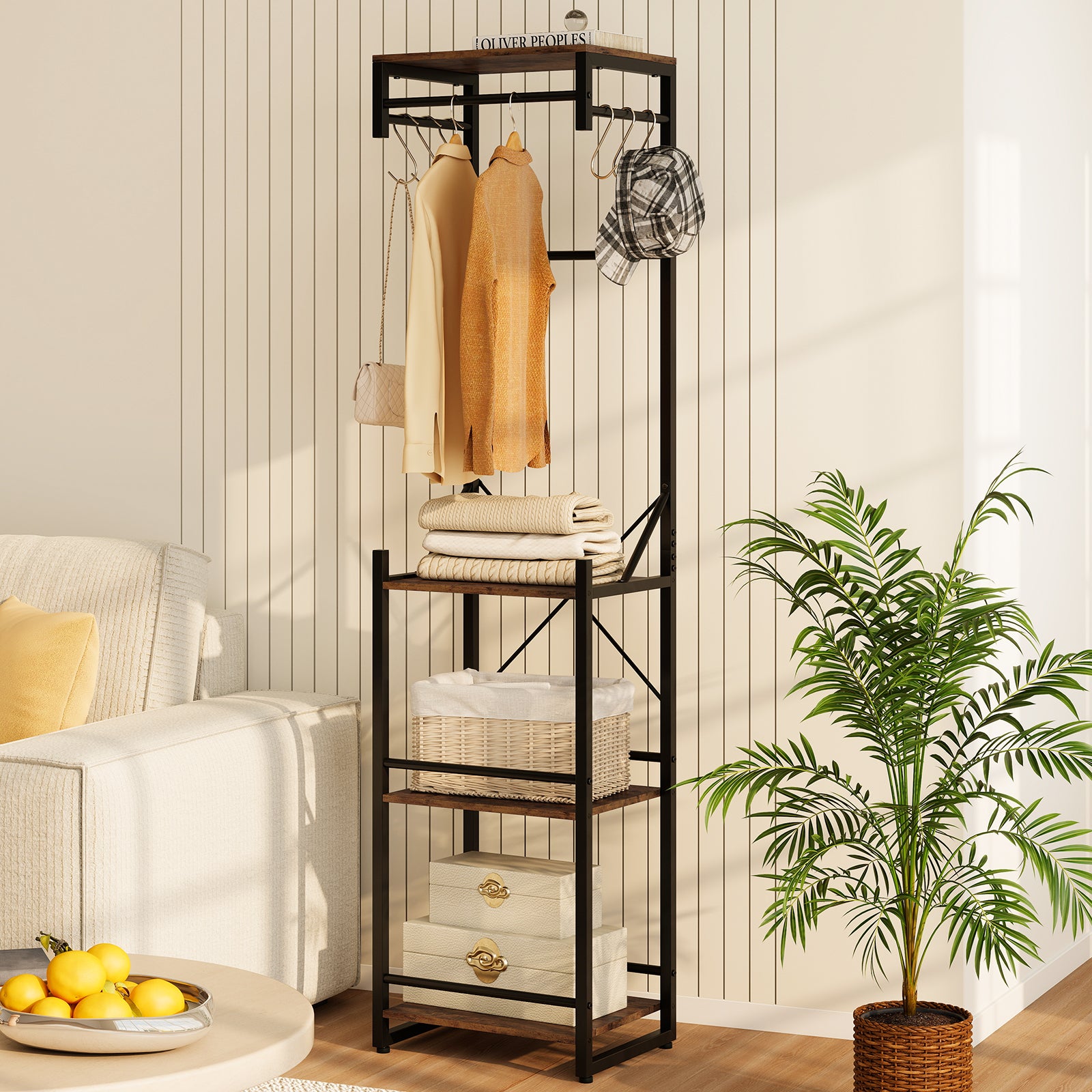 Freestanding Coat Rack, 4 Storage Shelves, 6 Hooks, Brown Coat Racks & Hall Trees at Gallery Canada