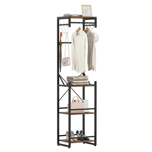 Freestanding Coat Rack, 4 Storage Shelves, 6 Hooks, Brown