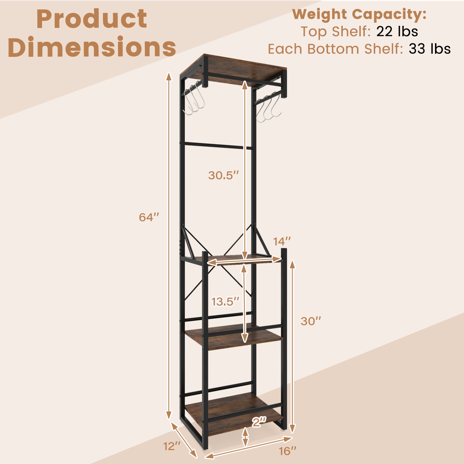 Freestanding Coat Rack, 4 Storage Shelves, 6 Hooks, Brown Coat Racks & Hall Trees at Gallery Canada