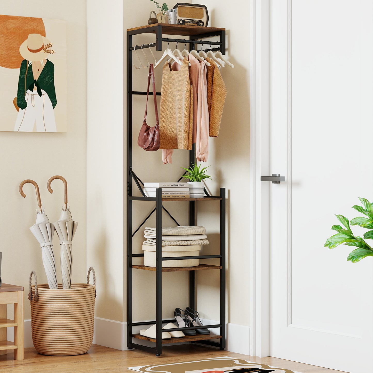 Freestanding Coat Rack, 4 Storage Shelves, 6 Hooks, Brown Coat Racks & Hall Trees at Gallery Canada