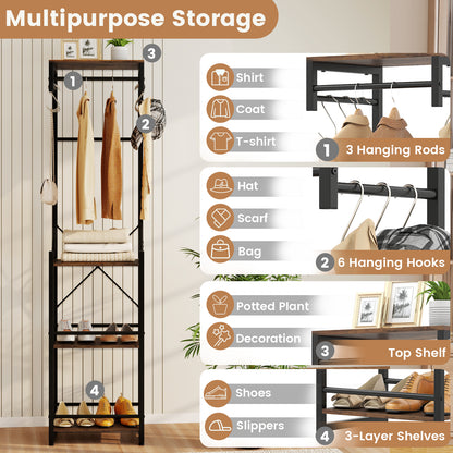 Freestanding Coat Rack, 4 Storage Shelves, 6 Hooks, Brown Coat Racks & Hall Trees at Gallery Canada