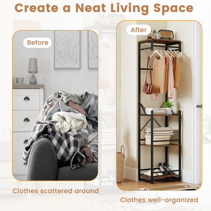 Freestanding Coat Rack, 4 Storage Shelves, 6 Hooks, Brown Coat Racks & Hall Trees at Gallery Canada