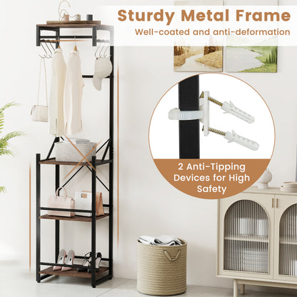 Freestanding Coat Rack, 4 Storage Shelves, 6 Hooks, Brown Coat Racks & Hall Trees at Gallery Canada