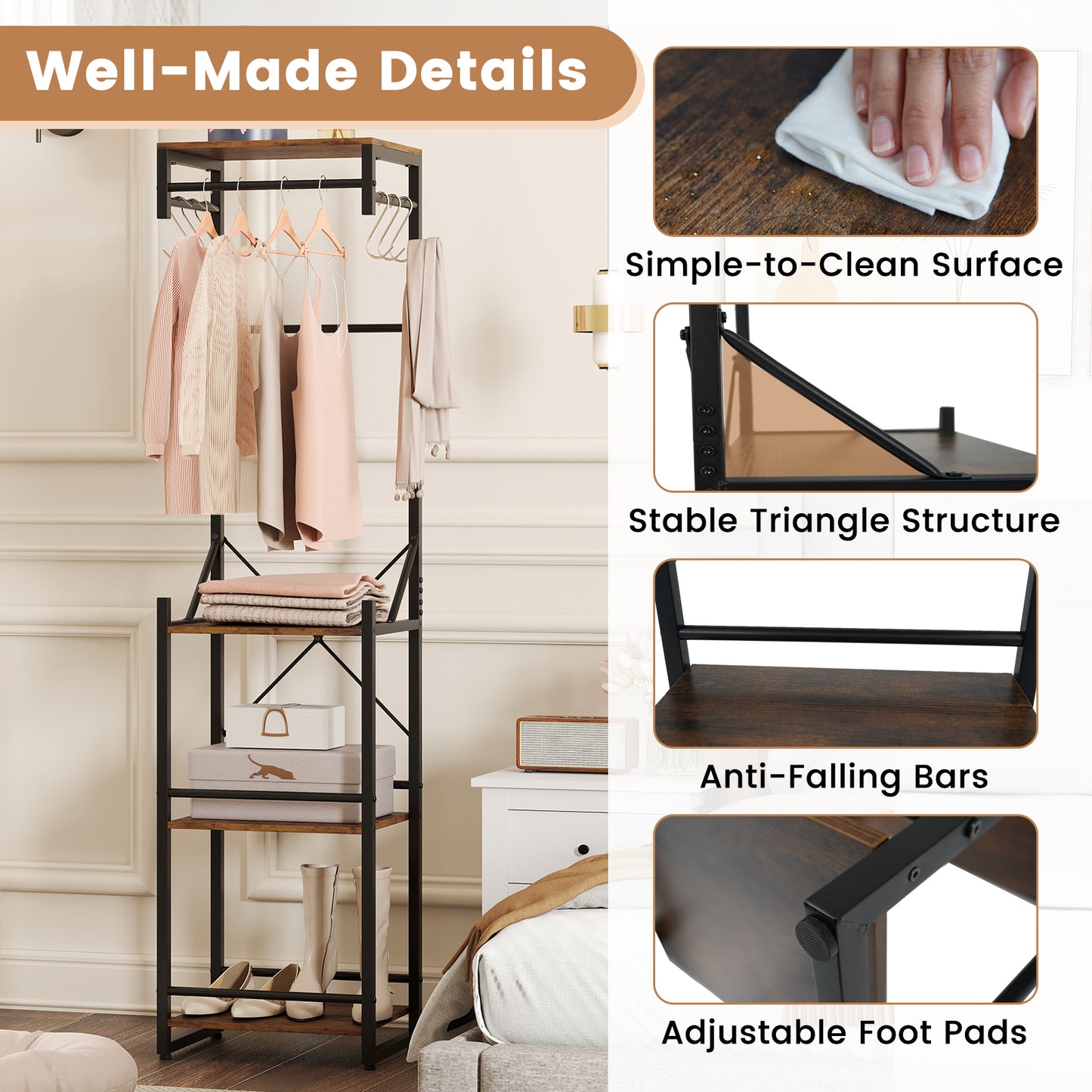 Freestanding Coat Rack, 4 Storage Shelves, 6 Hooks, Brown Coat Racks & Hall Trees at Gallery Canada
