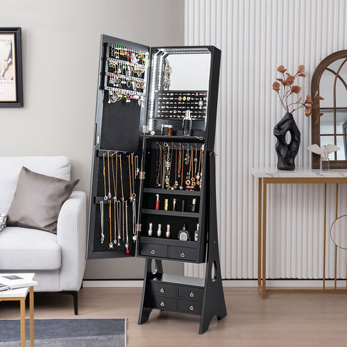 Full Length LED Mirrored Jewelry Armoire, 6 Drawers, Black
