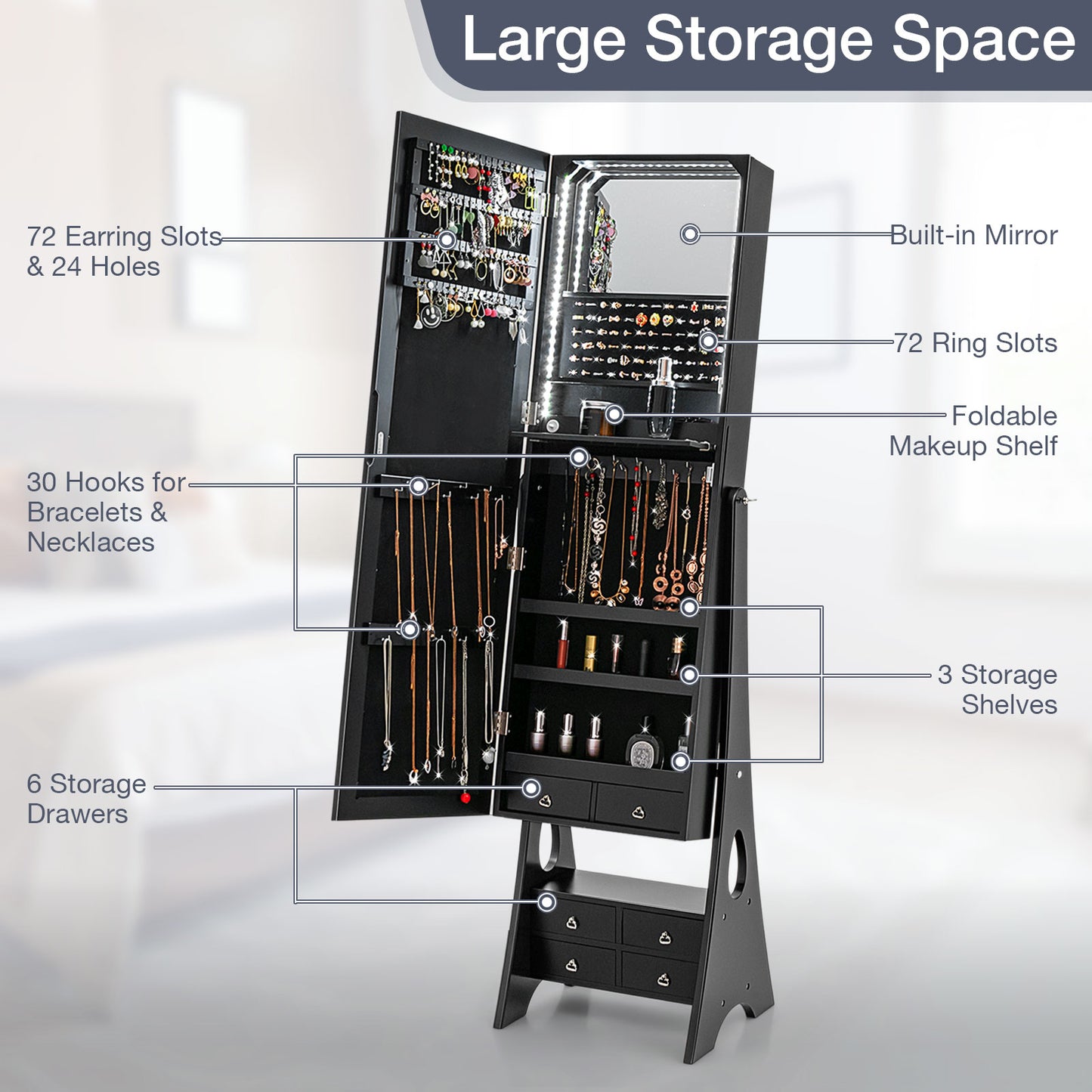 Full Length LED Mirrored Jewelry Armoire, 6 Drawers, Black Jewelry Armoires at Gallery Canada
