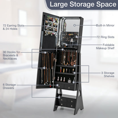 Full Length LED Mirrored Jewelry Armoire, 6 Drawers, Black Jewelry Armoires at Gallery Canada