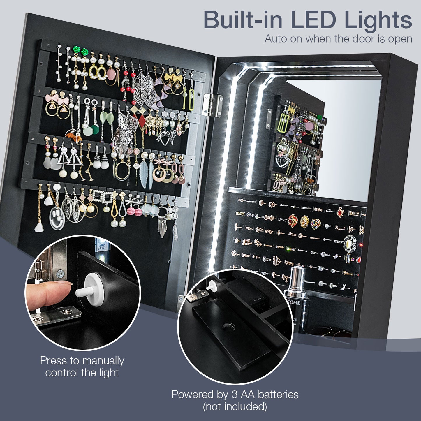 Full Length LED Mirrored Jewelry Armoire, 6 Drawers, Black Jewelry Armoires at Gallery Canada