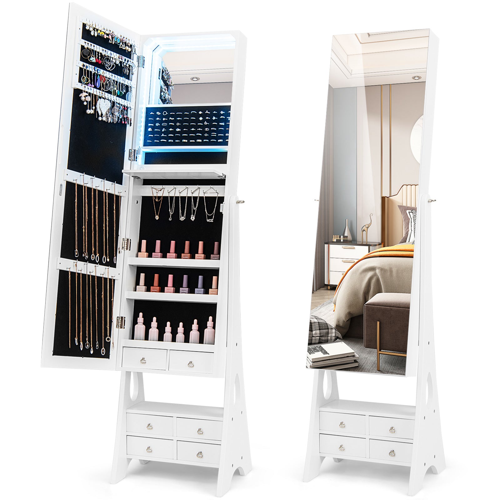 Freestanding Full Length LED Jewelry Armoire, 6 Drawers, White Jewelry Armoires at Gallery Canada