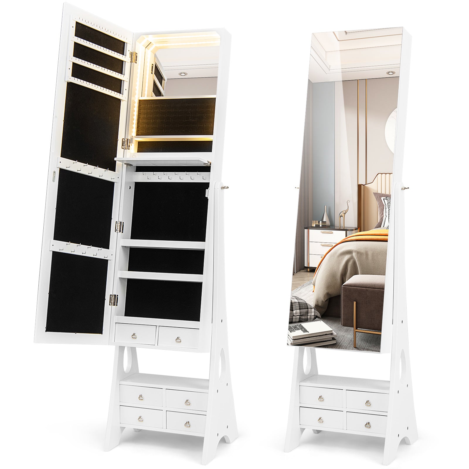 Freestanding Full Length LED Jewelry Armoire, 6 Drawers, White Jewelry Armoires at Gallery Canada