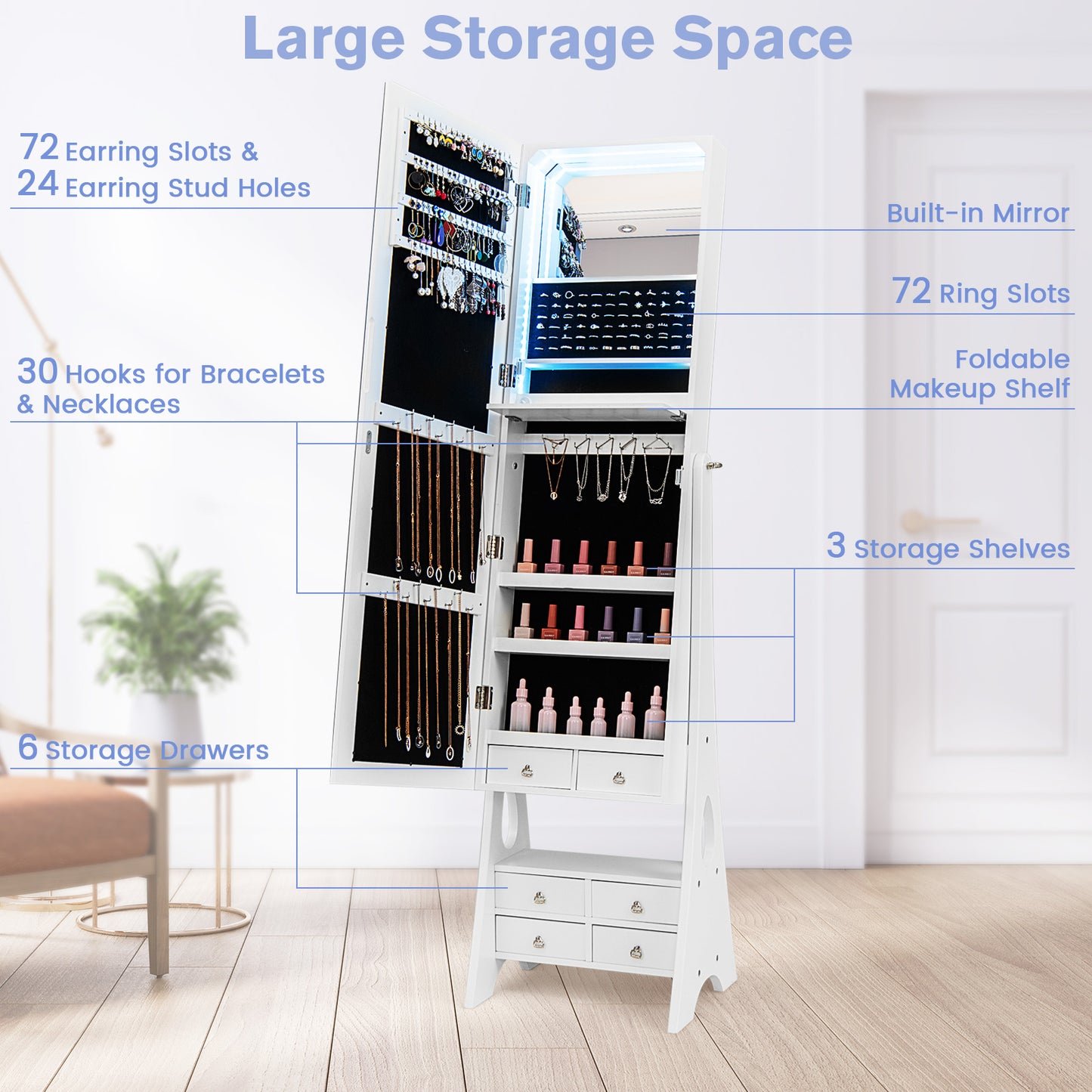 Freestanding Full Length LED Jewelry Armoire, 6 Drawers, White Jewelry Armoires at Gallery Canada