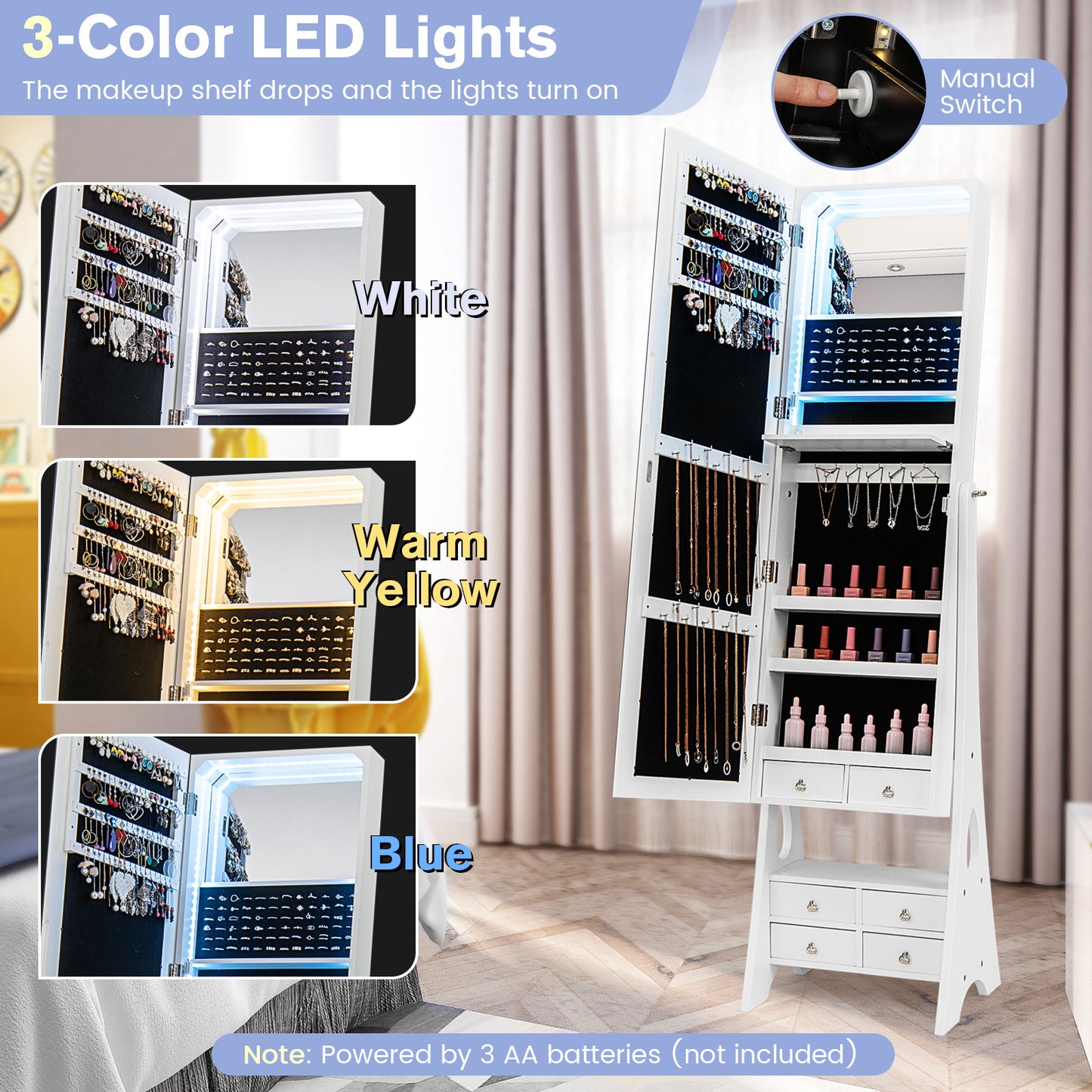 Freestanding Full Length LED Jewelry Armoire, 6 Drawers, White Jewelry Armoires at Gallery Canada