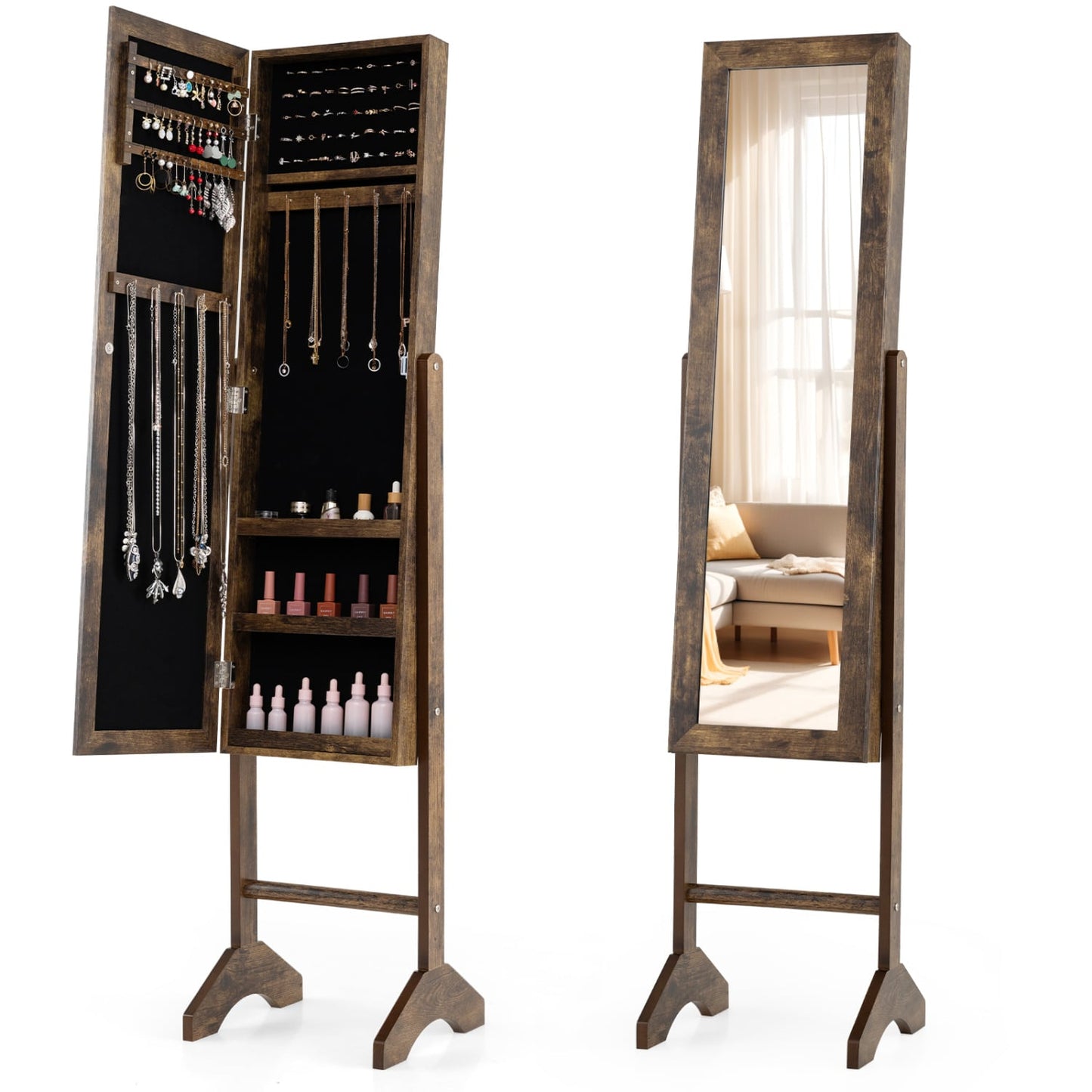 Freestanding Jewelry Armoire with Velvet Lining and Full Length Mirror, Brown
