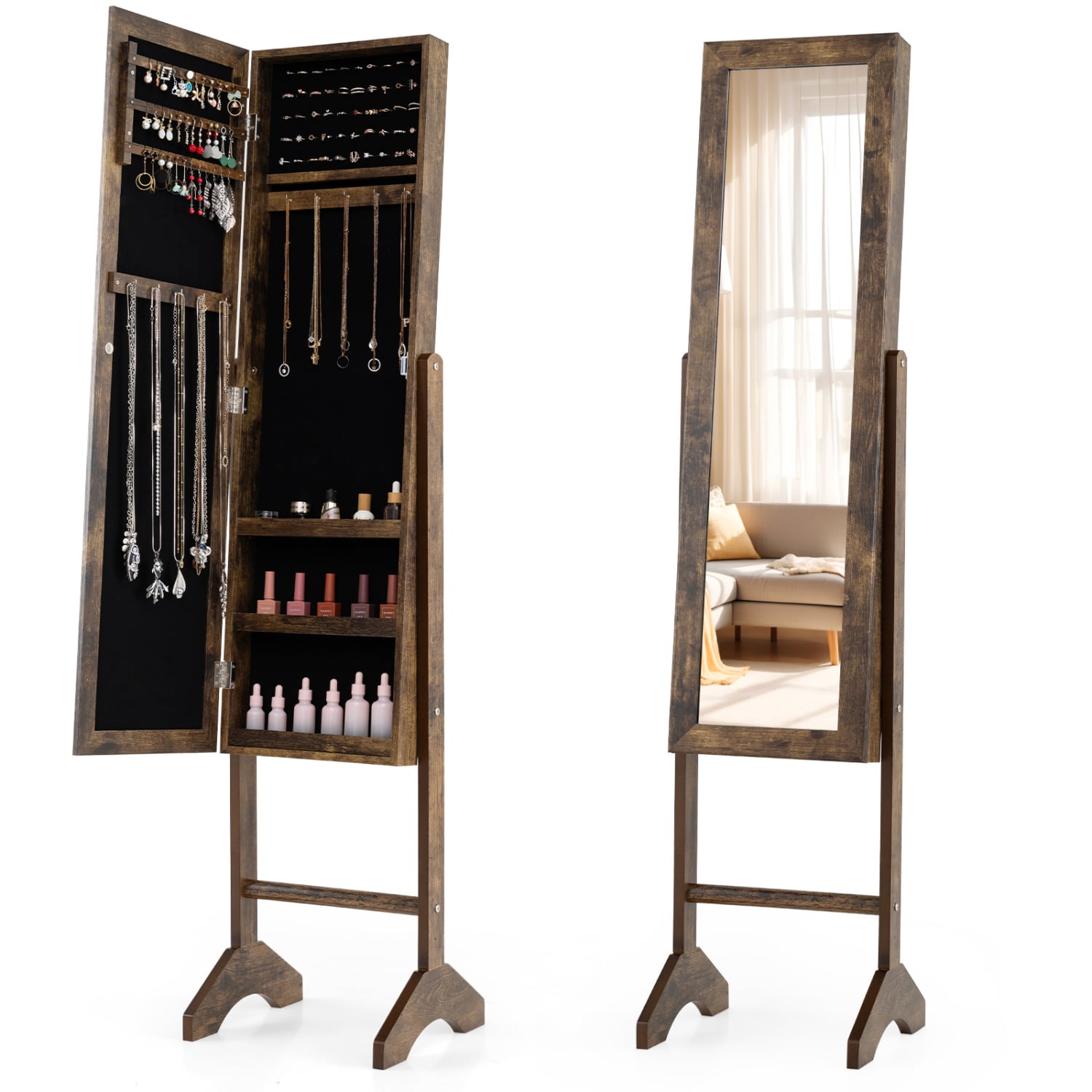 Freestanding Jewelry Armoire with Velvet Lining and Full Length Mirror, Brown Jewelry Armoires at Gallery Canada