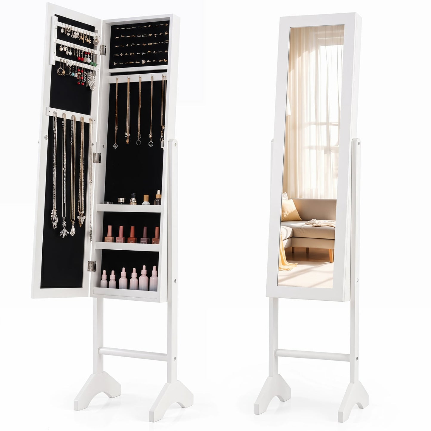 Freestanding Jewelry Armoire with Velvet Lining and Full Length Mirror, White