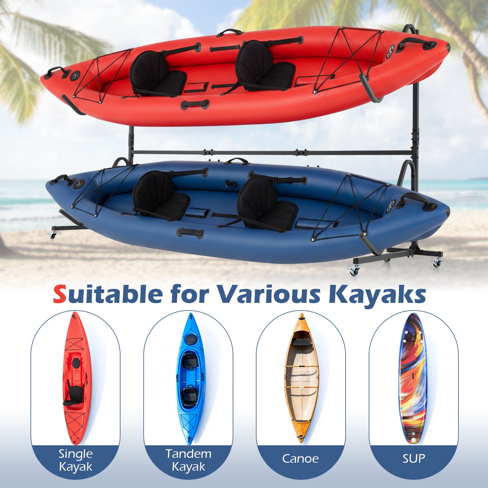 Freestanding Kayak Storage Rack with 6 Lockable Wheels, Black Surfing at Gallery Canada