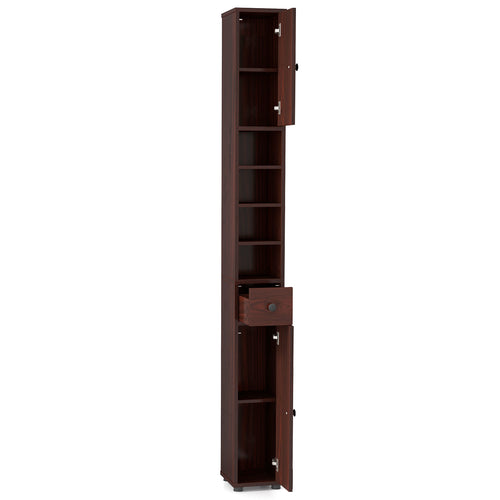 Freestanding Slim Bathroom Cabinet with Drawer and Adjustable Shelves, Brown