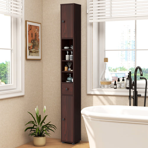 Freestanding Slim Bathroom Cabinet with Drawer and Adjustable Shelves, Brown