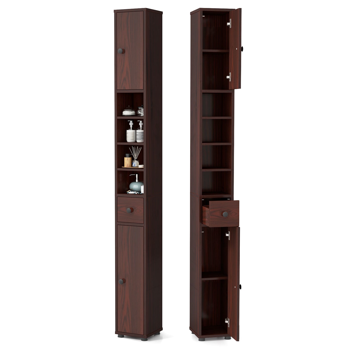 Freestanding Slim Bathroom Cabinet with Drawer and Adjustable Shelves, Brown Floor Cabinets at Gallery Canada