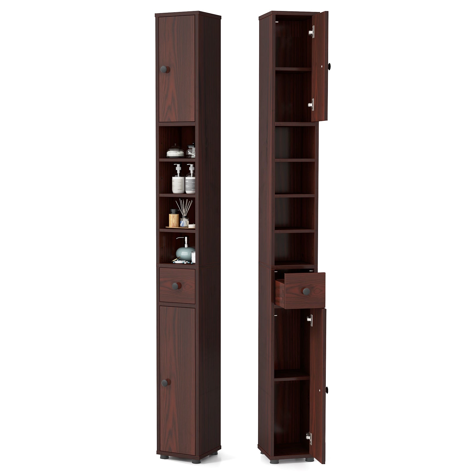 Freestanding Slim Bathroom Cabinet with Drawer and Adjustable Shelves, Brown Floor Cabinets at Gallery Canada
