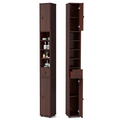 Freestanding Slim Bathroom Cabinet with Drawer and Adjustable Shelves, Brown Floor Cabinets at Gallery Canada
