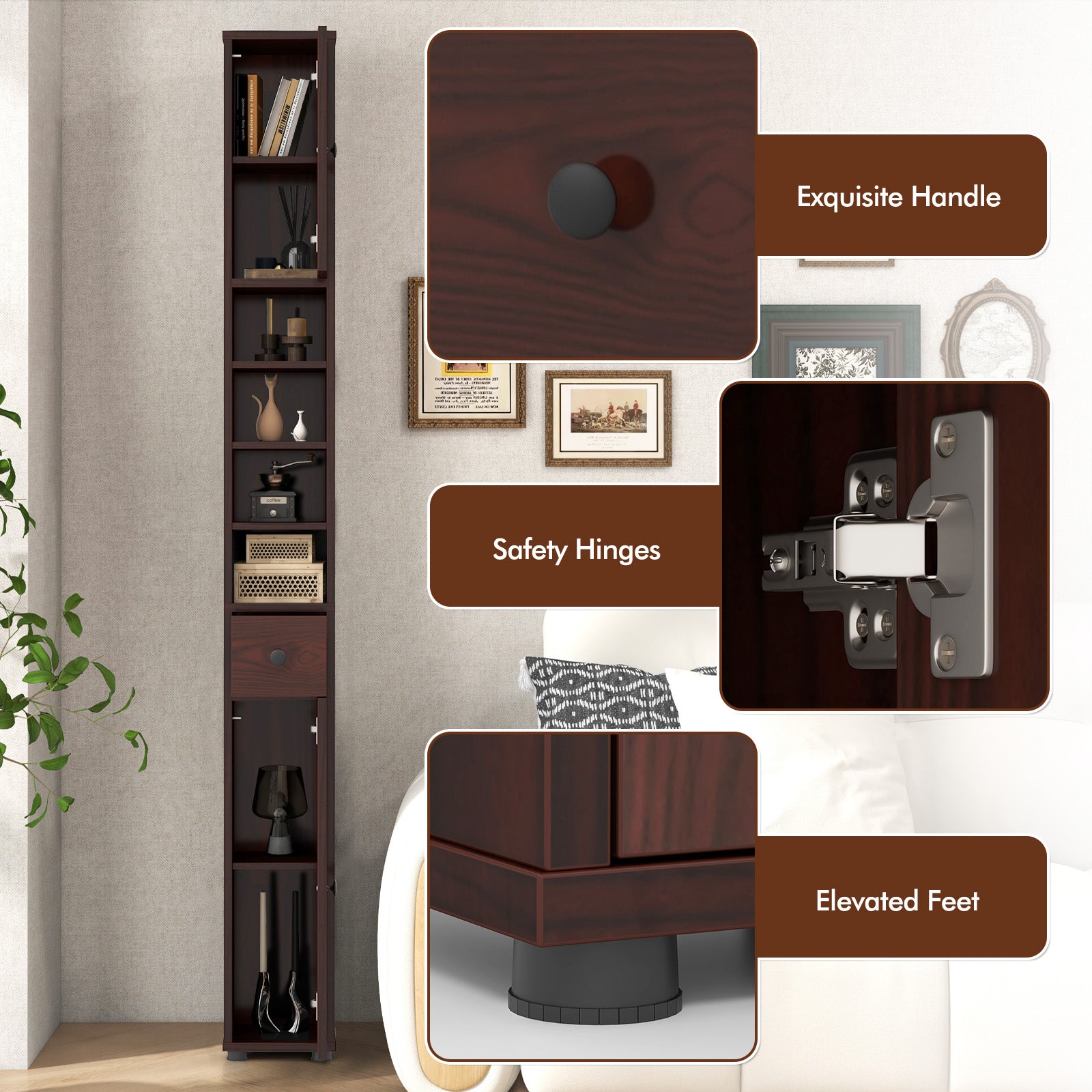 Freestanding Slim Bathroom Cabinet with Drawer and Adjustable Shelves, Brown Floor Cabinets at Gallery Canada