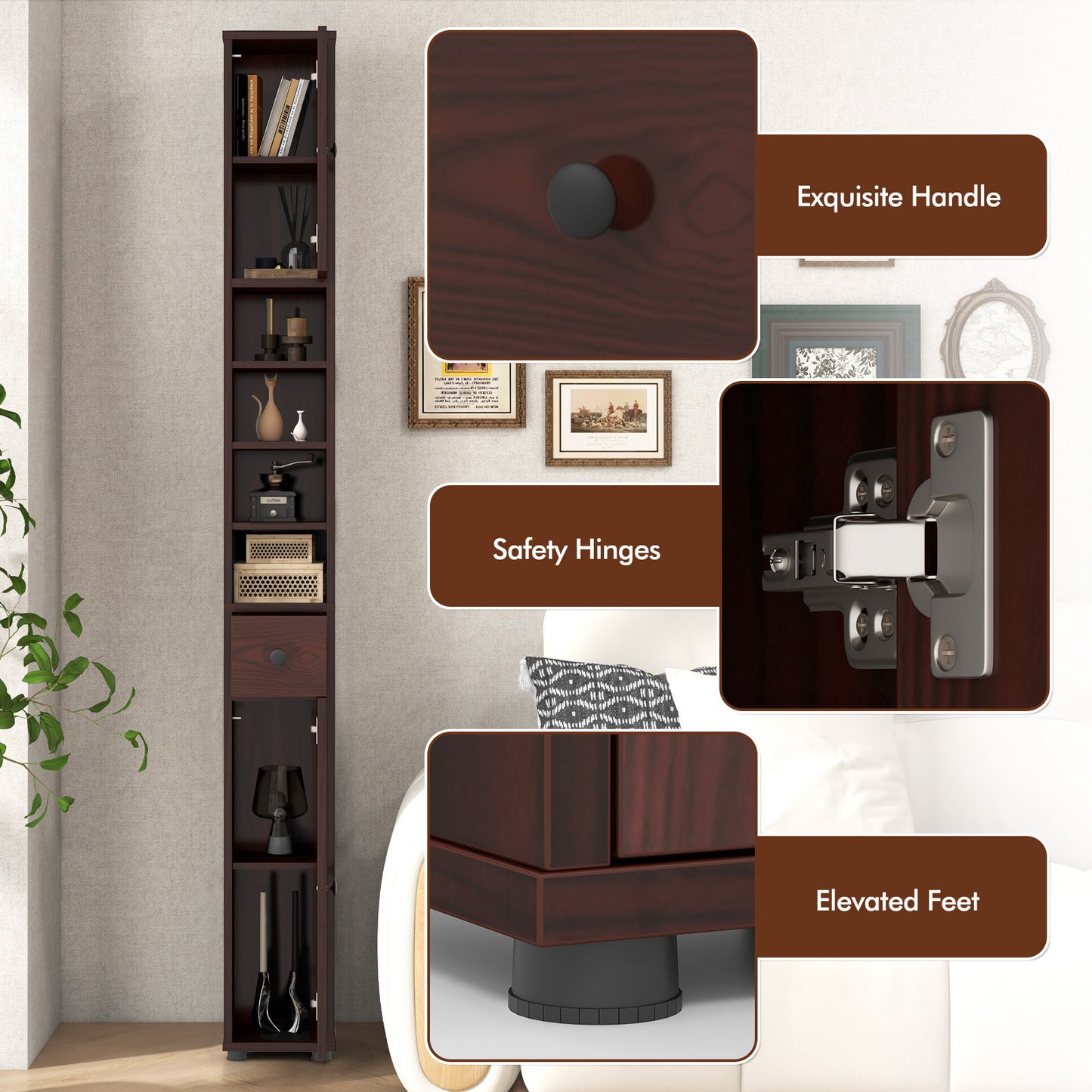 Freestanding Slim Bathroom Cabinet with Drawer and Adjustable Shelves, Brown Floor Cabinets at Gallery Canada