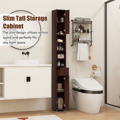 Freestanding Slim Bathroom Cabinet with Drawer and Adjustable Shelves, Brown Floor Cabinets at Gallery Canada