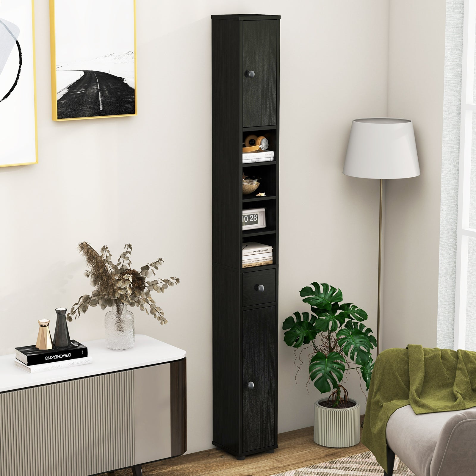Freestanding Slim Bathroom Cabinet with Drawer and Adjustable Shelves, Black Floor Cabinets at Gallery Canada