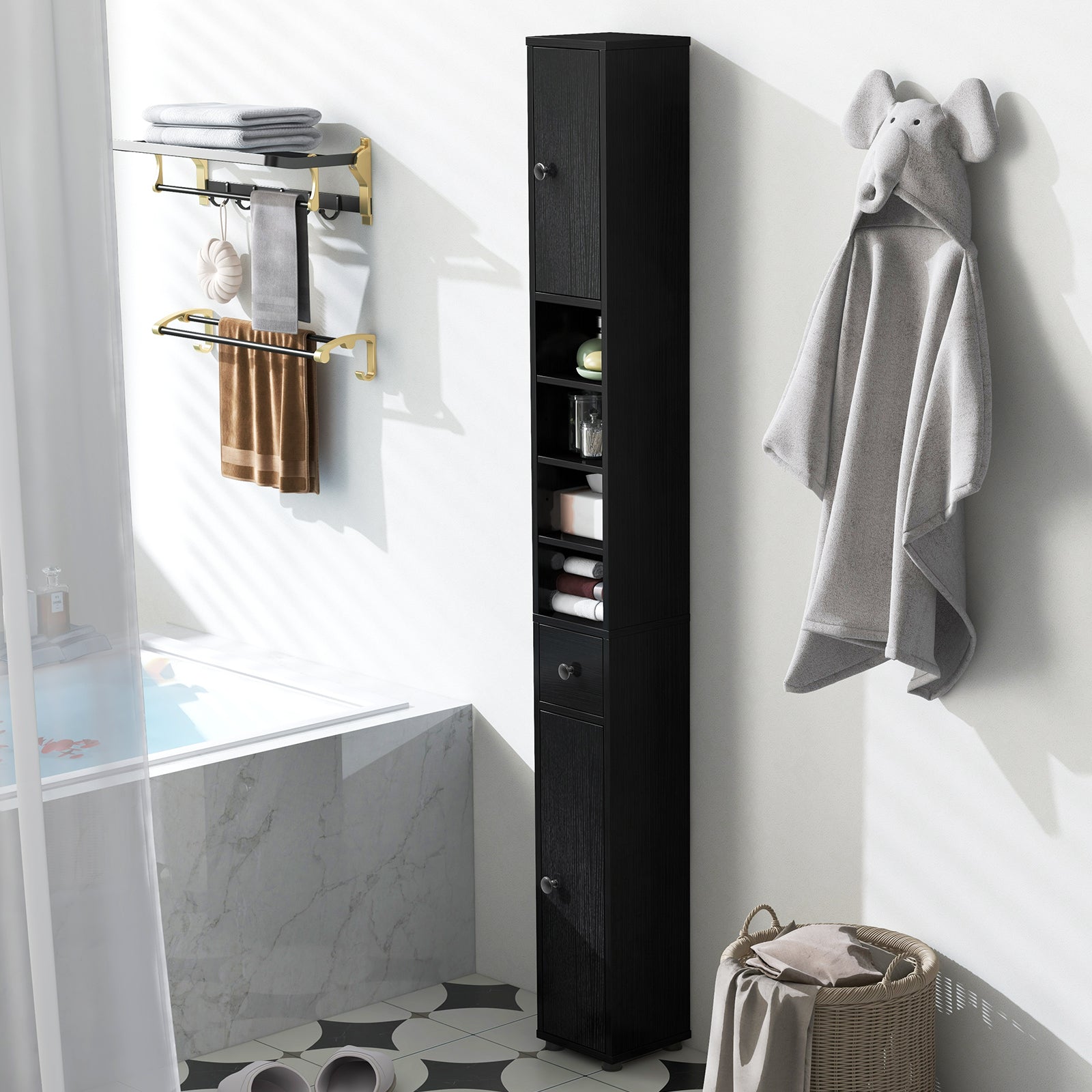 Freestanding Slim Bathroom Cabinet with Drawer and Adjustable Shelves, Black Floor Cabinets at Gallery Canada