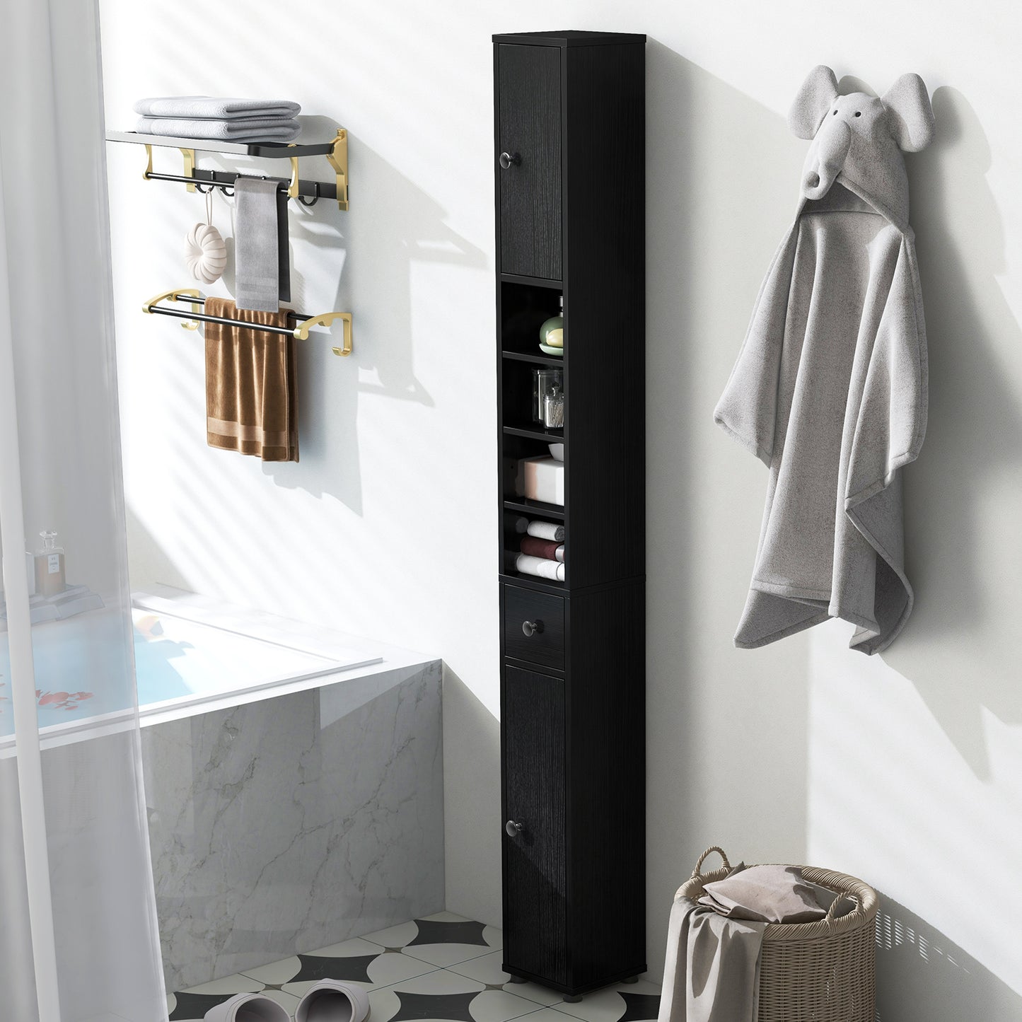 Freestanding Slim Bathroom Cabinet with Drawer and Adjustable Shelves, Black Floor Cabinets at Gallery Canada