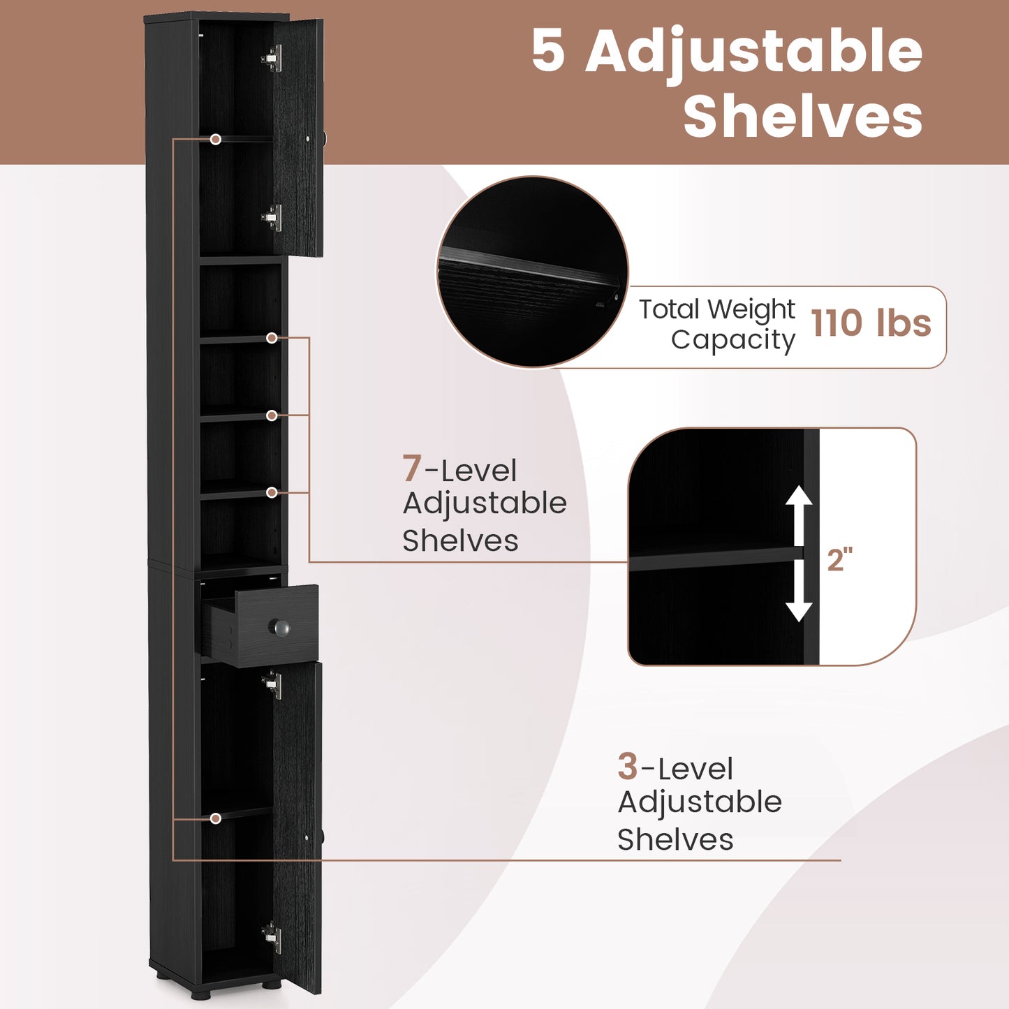 Freestanding Slim Bathroom Cabinet with Drawer and Adjustable Shelves, Black Floor Cabinets at Gallery Canada