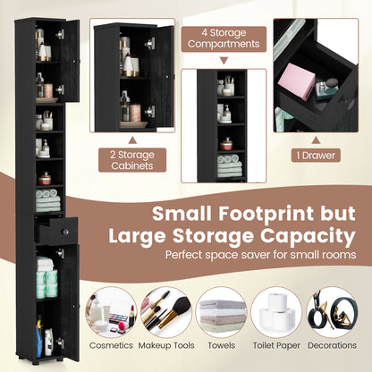 Freestanding Slim Bathroom Cabinet with Drawer and Adjustable Shelves, Black Floor Cabinets at Gallery Canada