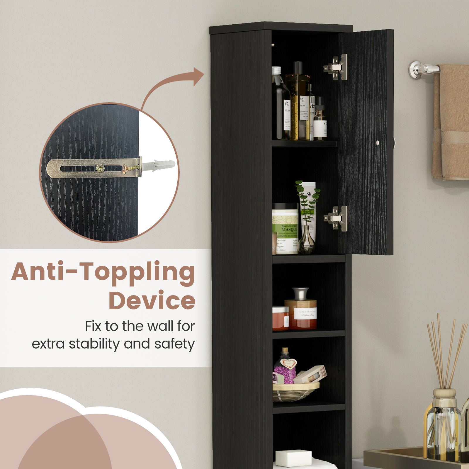 Freestanding Slim Bathroom Cabinet with Drawer and Adjustable Shelves, Black Floor Cabinets at Gallery Canada