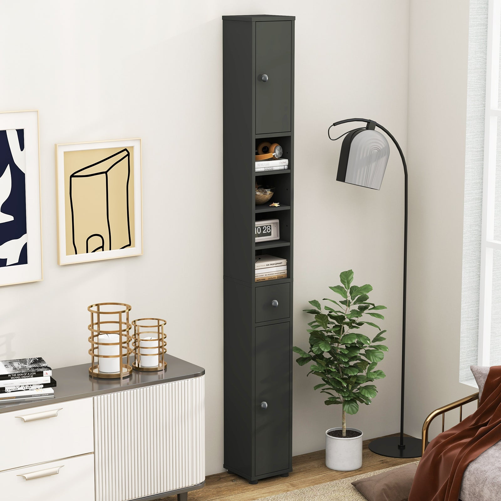 Freestanding Slim Bathroom Cabinet with Drawer and Adjustable Shelves, Gray Floor Cabinets at Gallery Canada
