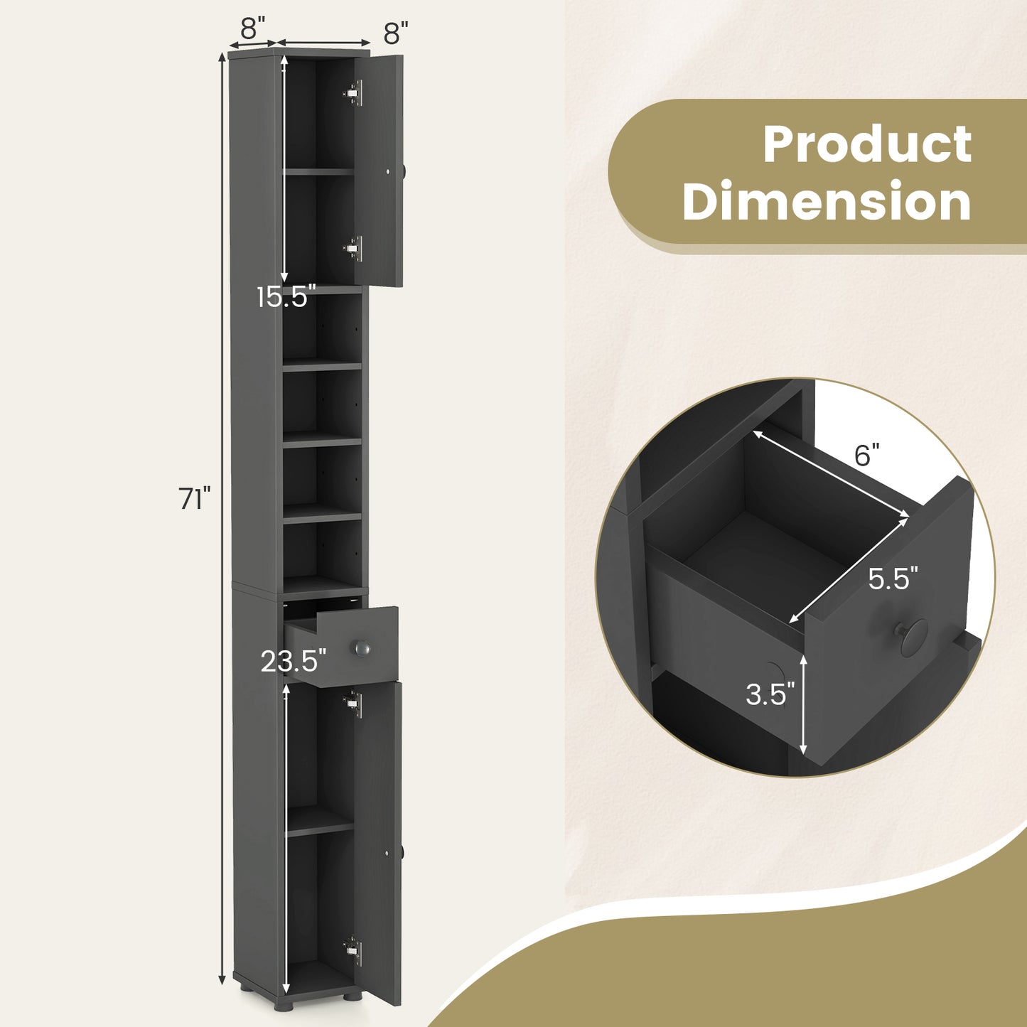 Freestanding Slim Bathroom Cabinet with Drawer and Adjustable Shelves, Gray Floor Cabinets at Gallery Canada