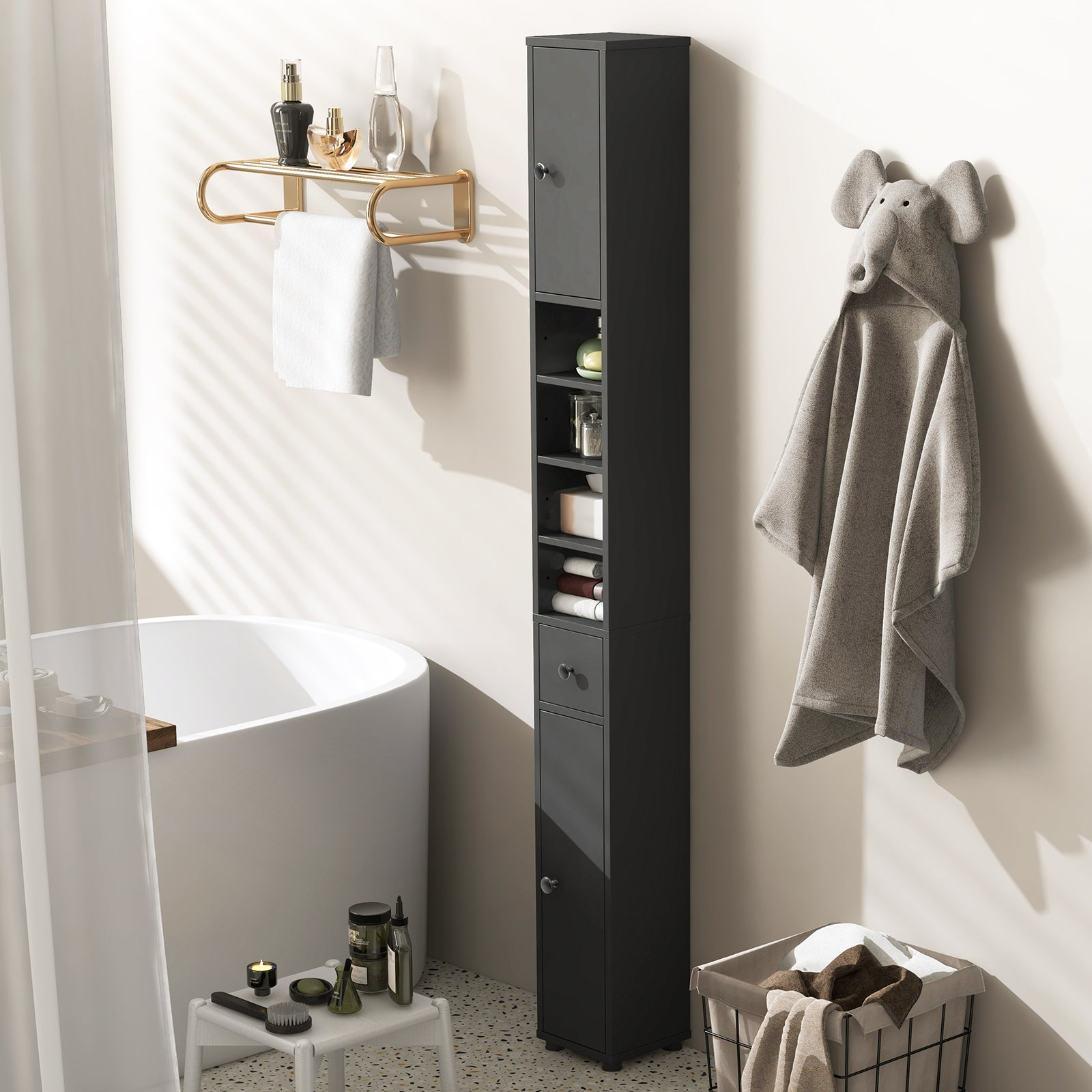 Freestanding Slim Bathroom Cabinet with Drawer and Adjustable Shelves, Gray Floor Cabinets at Gallery Canada