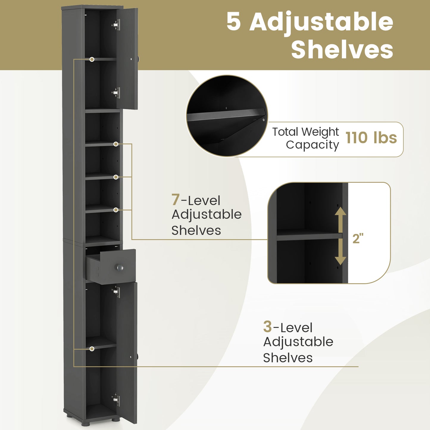 Freestanding Slim Bathroom Cabinet with Drawer and Adjustable Shelves, Gray Floor Cabinets at Gallery Canada