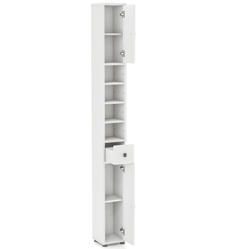 Freestanding Slim Bathroom Cabinet, Drawer, Adjustable Shelves, White